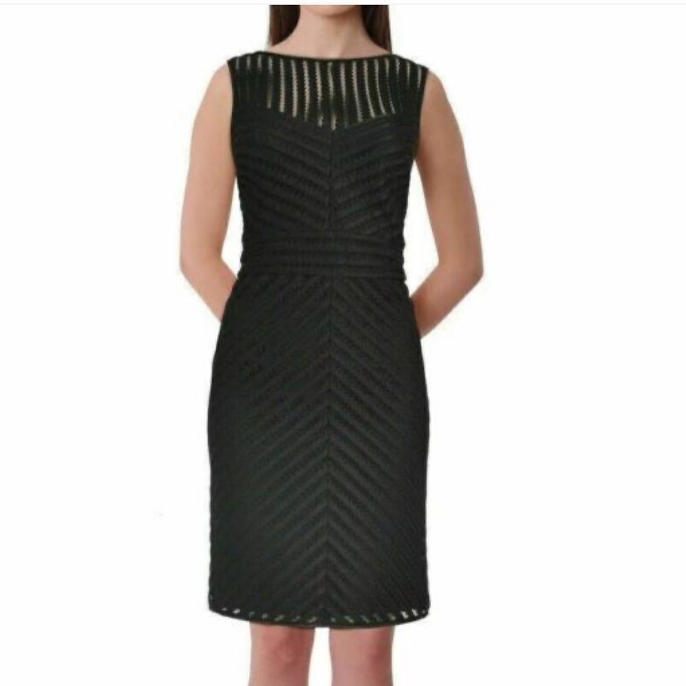 NWT Lauren Ralph Lauren black chevron lace midi dress vegan leather trim size 12